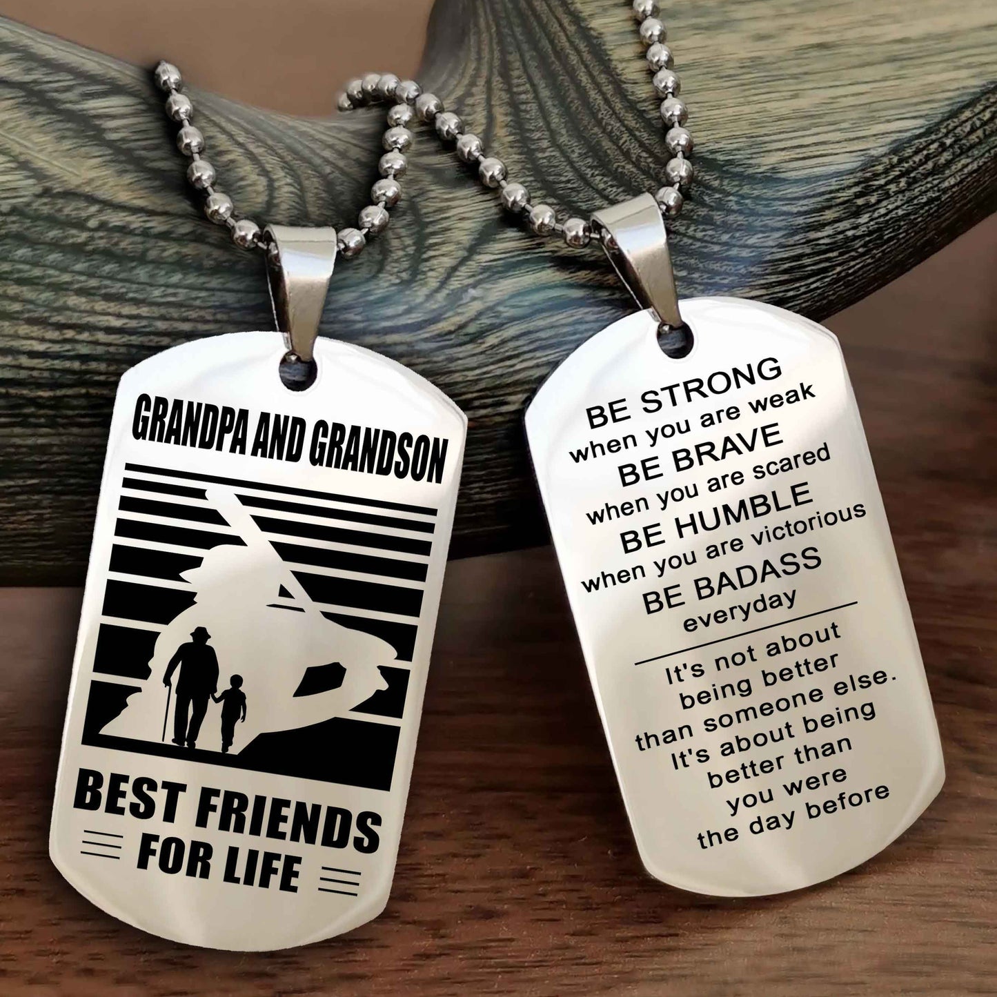 Sport Personalized Double Sided Dog Tag Grandpa And Grandson Best Friend For Life - Be Strong When You Are Weak Be Badass Everyday