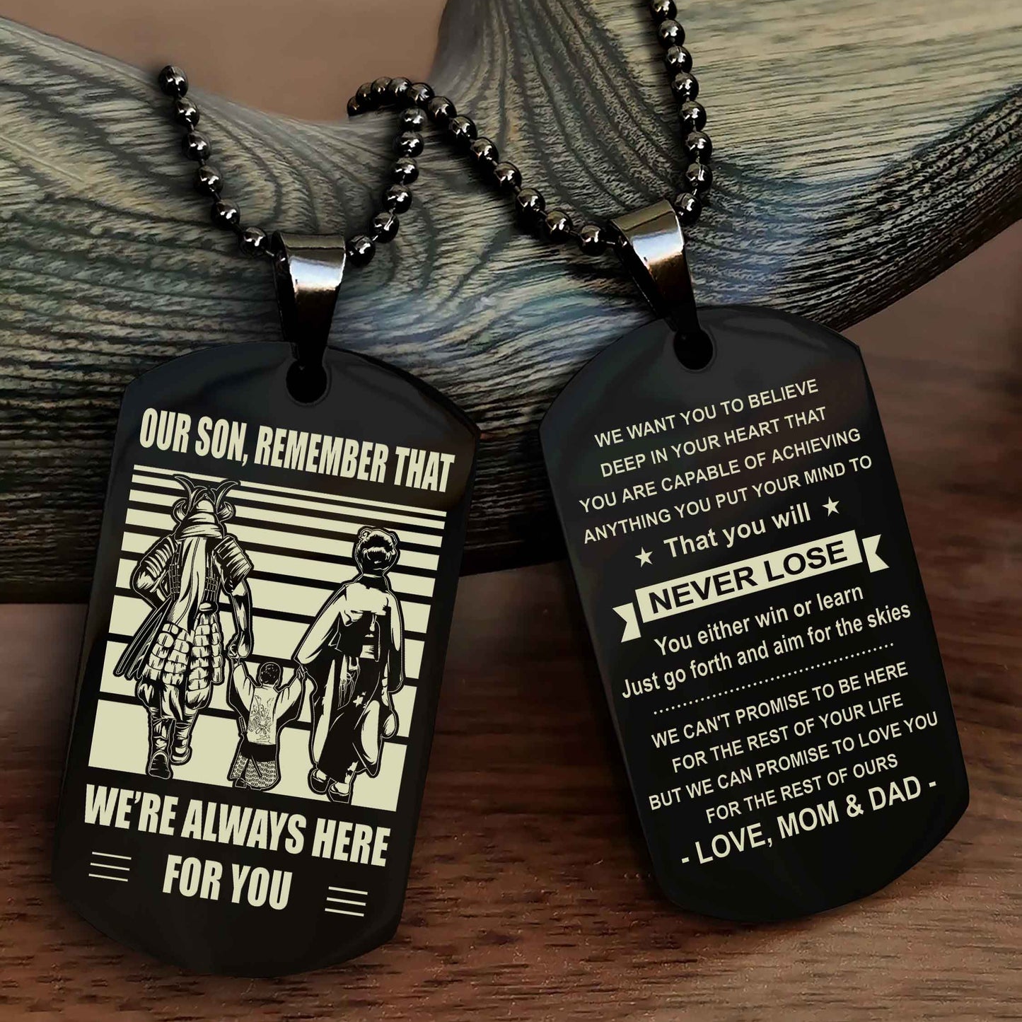 Family Double Side Dog Tag To Our Son Remember That We're Always Here For You - You Will Never Lose You Either Win Or Learn