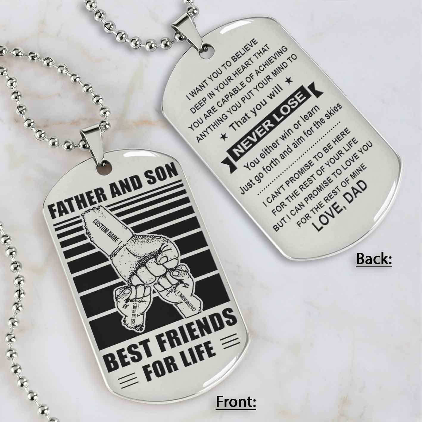 Family Fist Bump Team 3 Personalized Double Sided Dog Tag Father And Son Best Friends For Life - Message on the back side