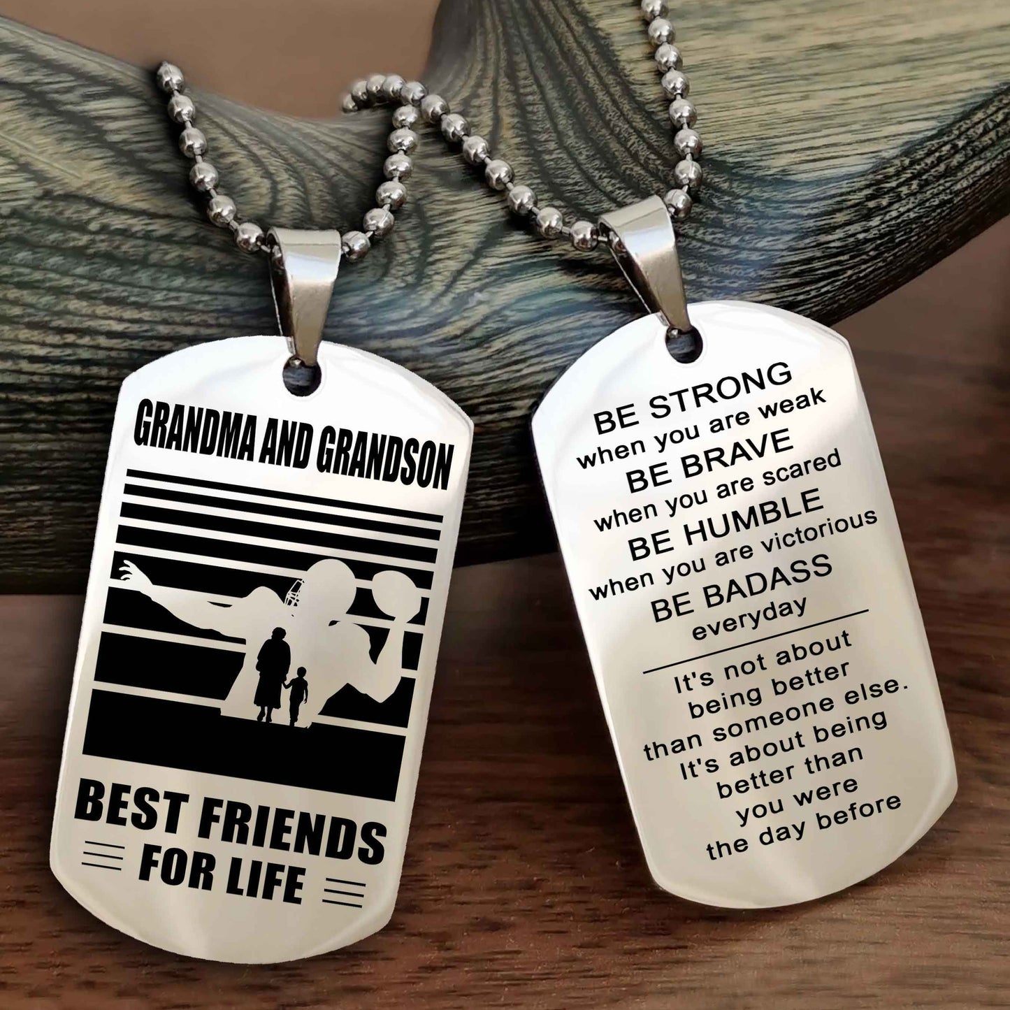 Sport Personalized Double Sided Dog Tag Grandpa And Grandson Best Friend For Life - Be Strong When You Are Weak Be Badass Everyday