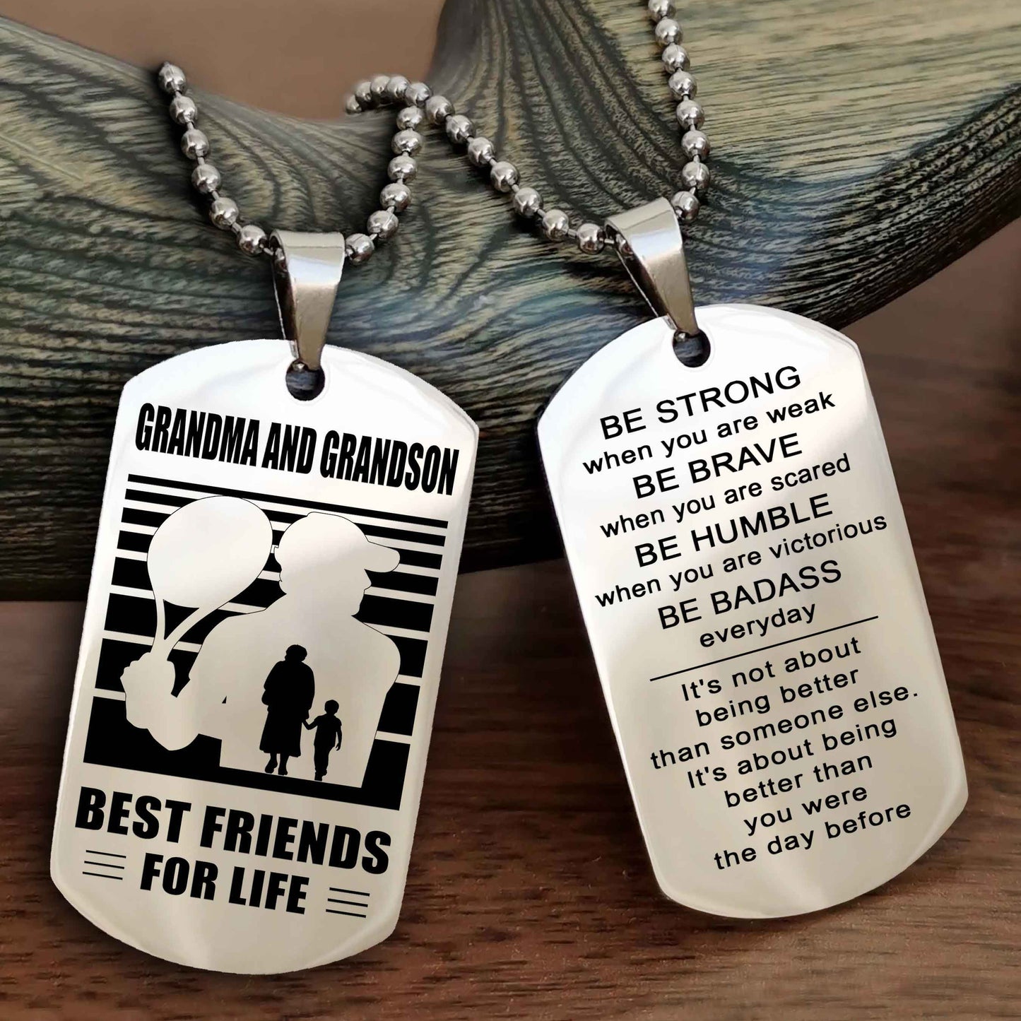 Sport Personalized Double Sided Dog Tag Grandpa And Grandson Best Friend For Life - Be Strong When You Are Weak Be Badass Everyday