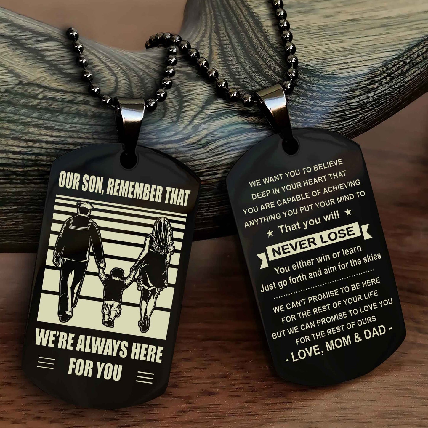 Family Double Side Dog Tag To Our Son Remember That We're Always Here For You - You Will Never Lose You Either Win Or Learn