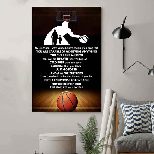 Sport Basketball Poster Canvas Grandpa To Grandson - That You Are Braver Than You Believe You Are Capable Of I Will Always Your No 1 Fan