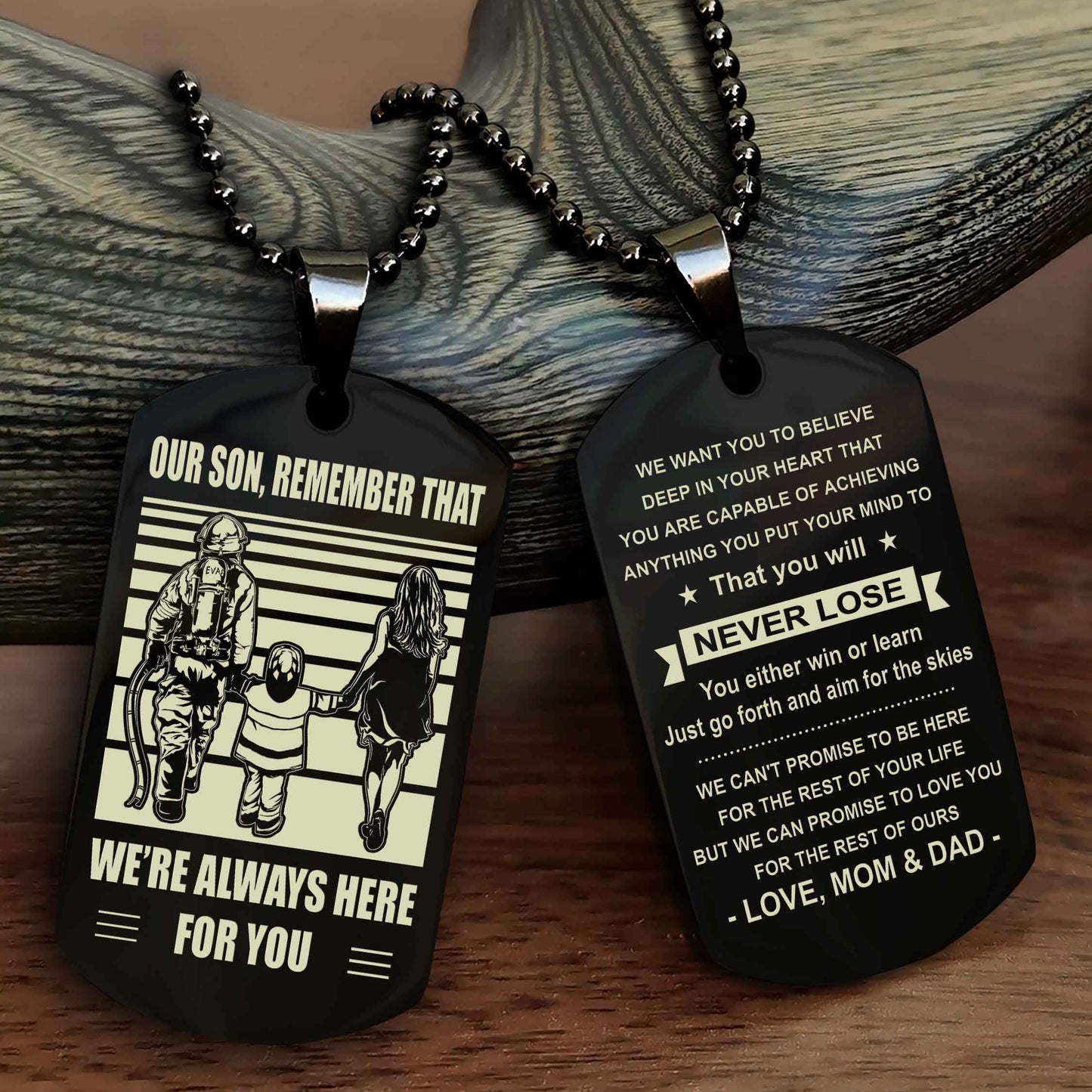 Family Double Side Dog Tag To Our Son Remember That We're Always Here For You - You Will Never Lose You Either Win Or Learn