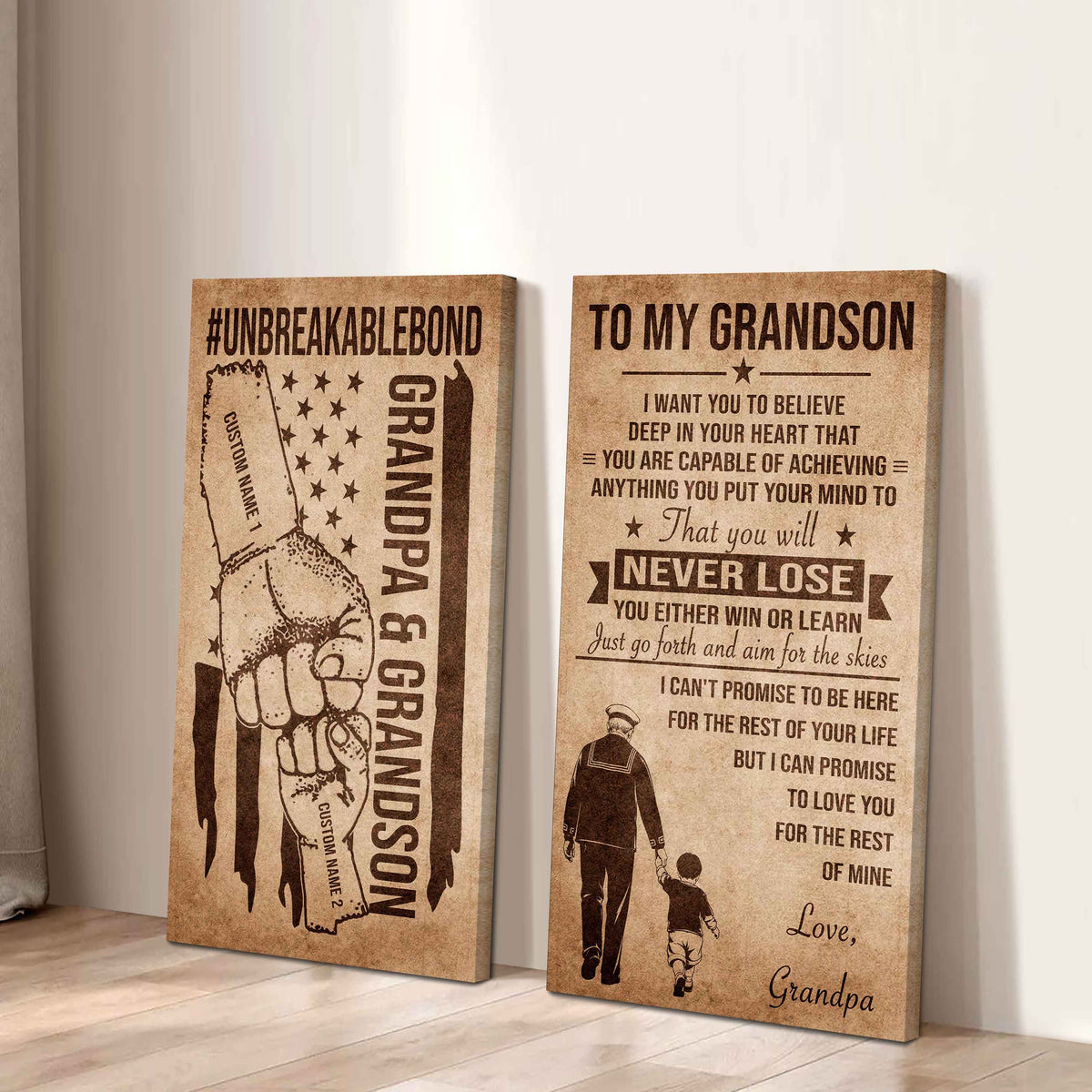 Unbreakable Bond Canvas Set Grandpa And Grandson Your Will Never Lose You Either Win Or Learn Gift For Your Grandson