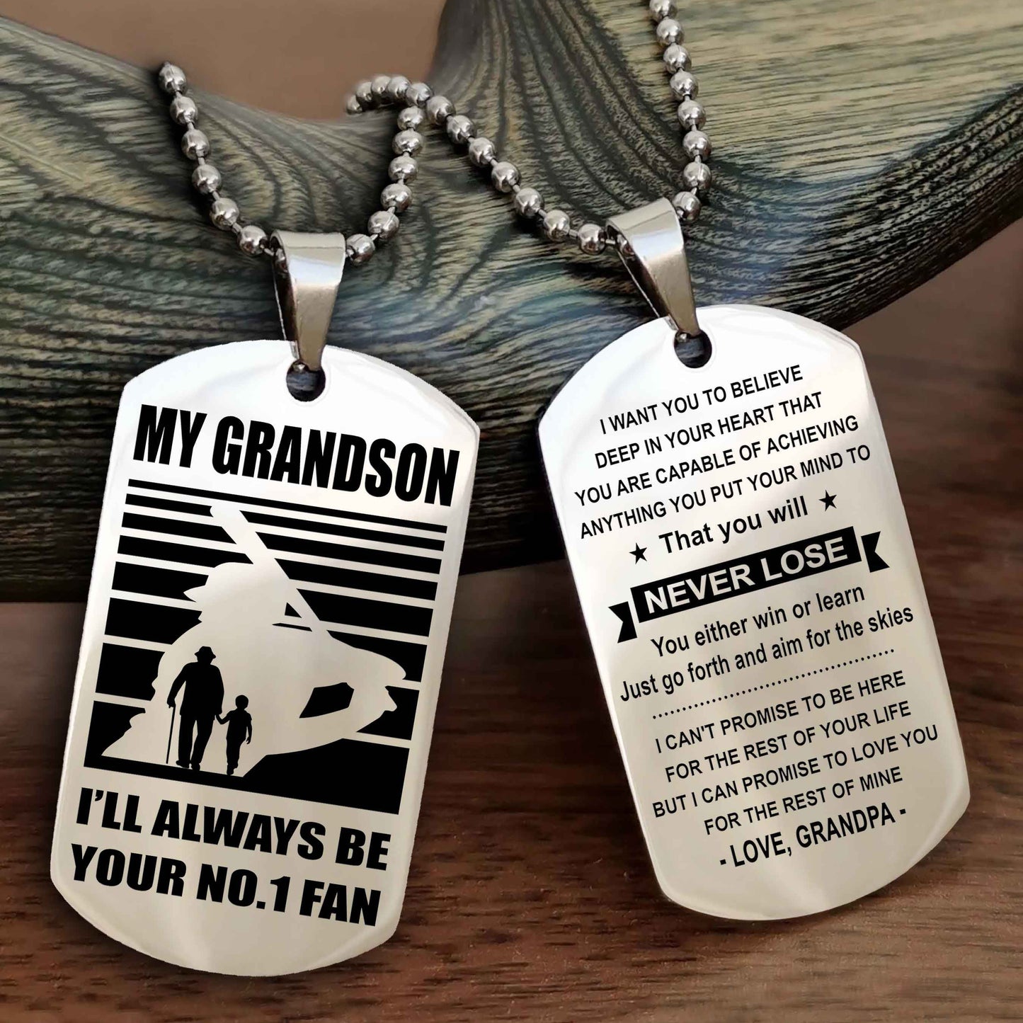 Sport Basketball Personalized Double Sided Dog Tag Granpa, Grandma To Grandson I Will Always Be Your No 1 Fan - You Will Never Lose You Either Win Or Learn