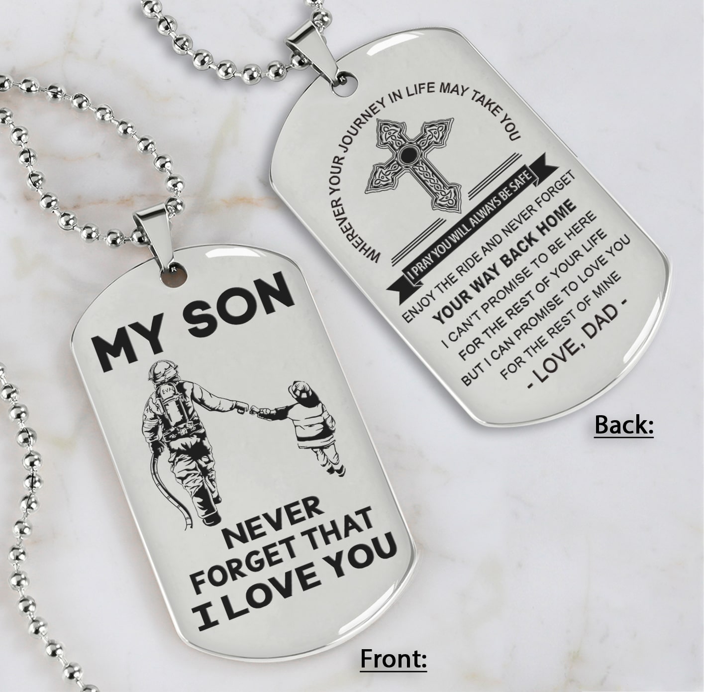 Cross Personalized Double Sided Dog Tag My Son Never Forget That I Love You - Message on the back side