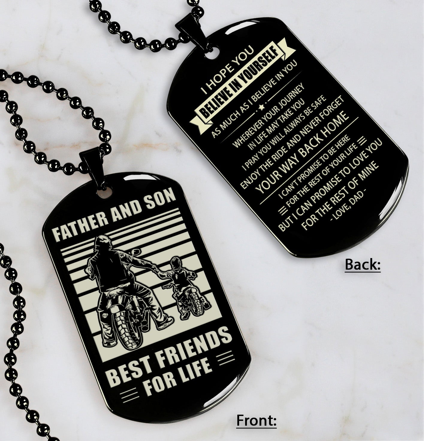 Biker Personalized Double Sided Dog Tag Father And Son Best Friends For Life - Message on the back side