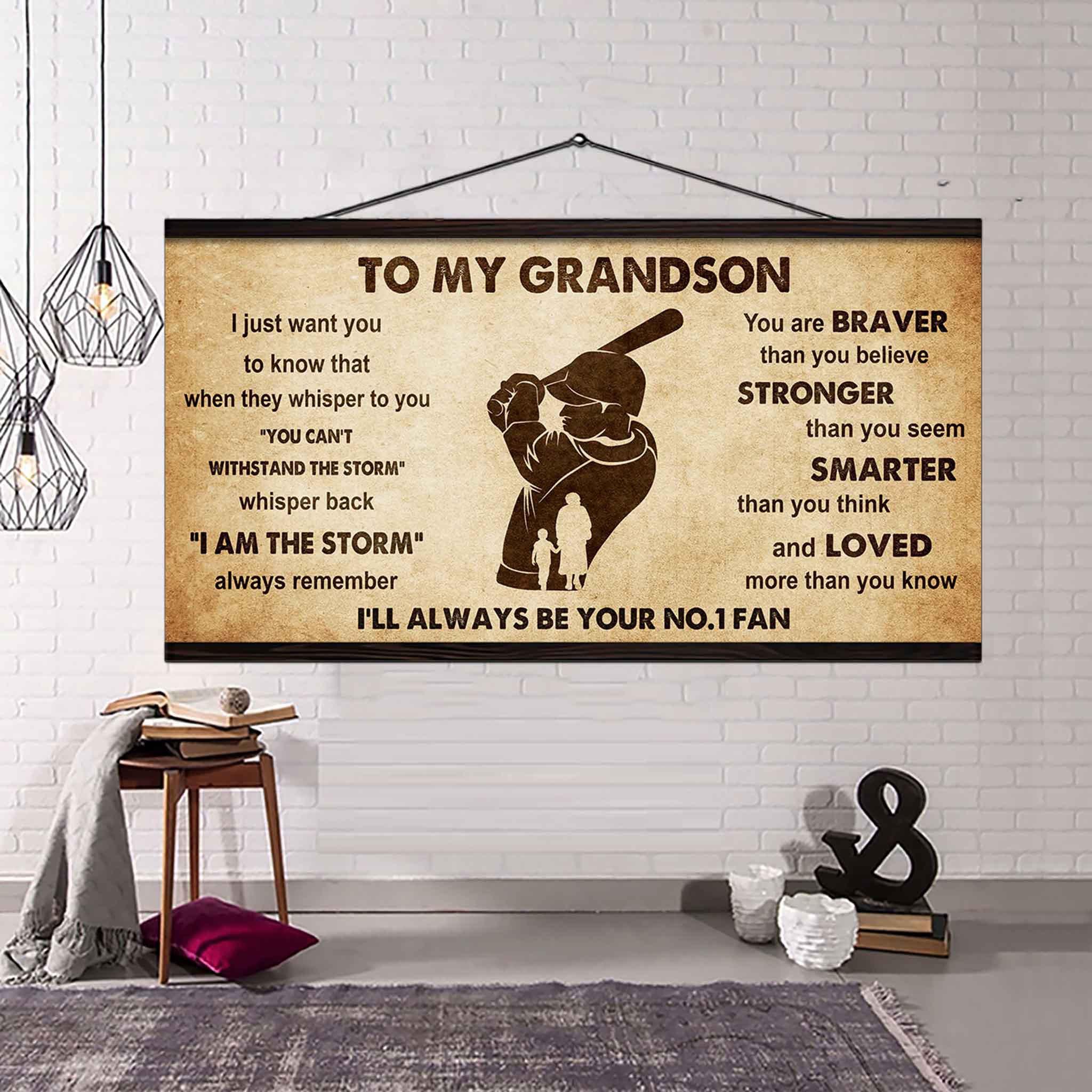 Personalized Sport Baseball Poster Canvas I'll Be Your No 1 Fan Grandma To Grandson - Whisper Back I'm The Storm