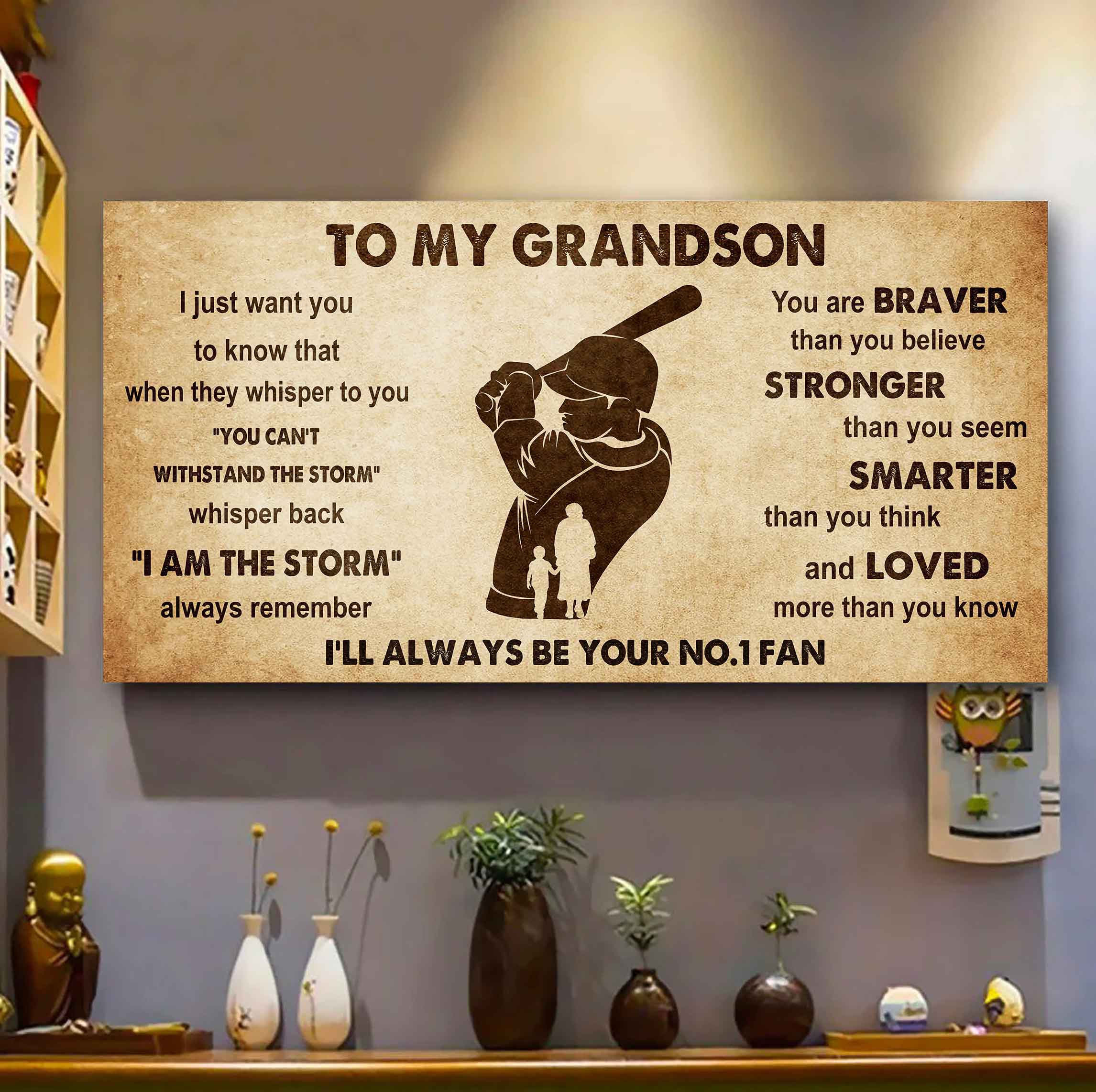 Personalized Sport Baseball Poster Canvas I'll Be Your No 1 Fan Grandma To Grandson - Whisper Back I'm The Storm