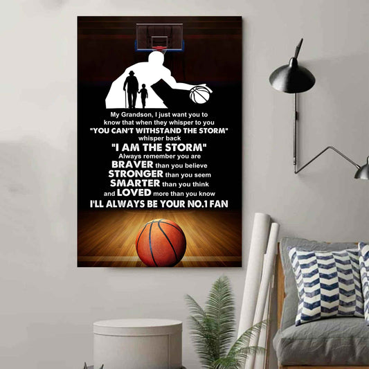 Sport Basketball Poster Canvas Granpa To Grandson - Whisper Back I Am The Storm I Will Always Your No 1 Fan
