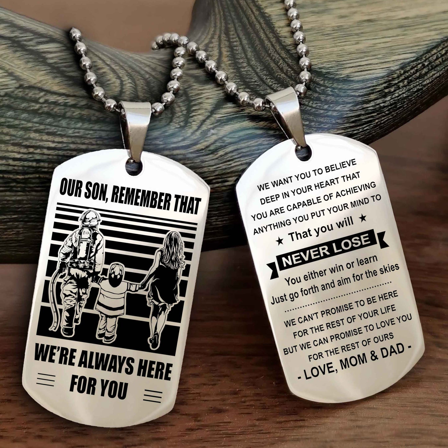 Family Double Side Dog Tag To Our Son Remember That We're Always Here For You - You Will Never Lose You Either Win Or Learn