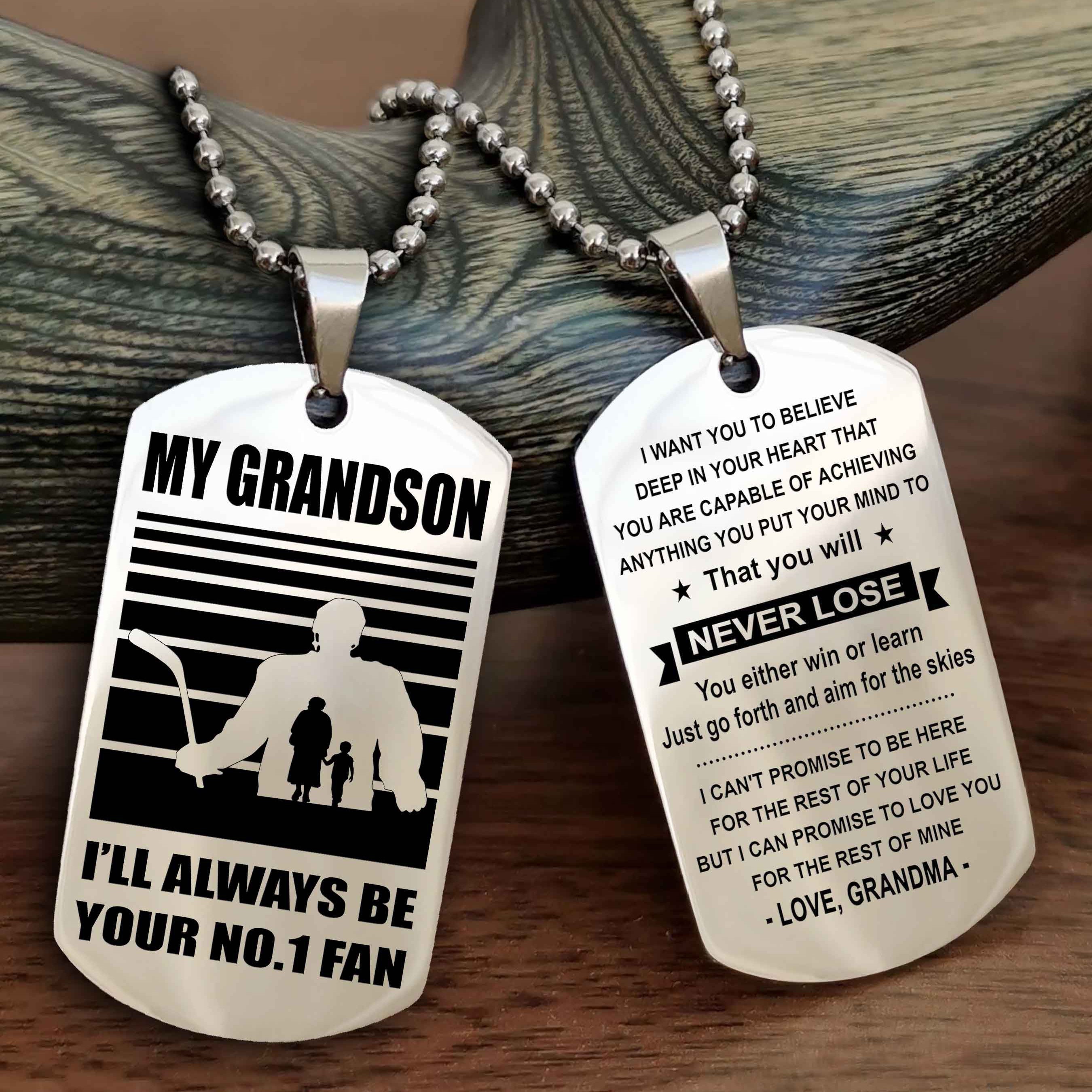 Sport Basketball Personalized Double Sided Dog Tag Granpa, Grandma To Grandson I Will Always Be Your No 1 Fan - You Will Never Lose You Either Win Or Learn