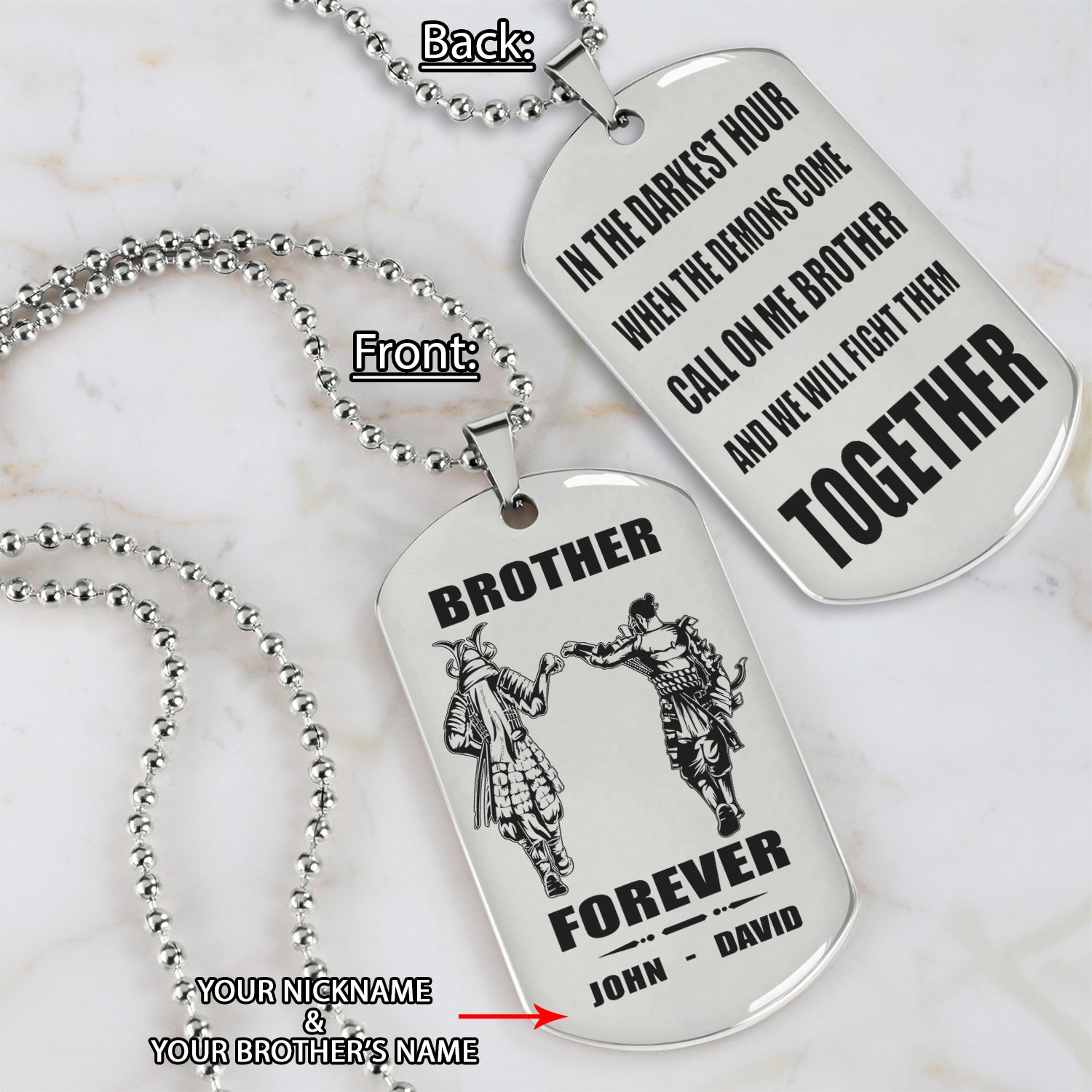 Samurai customizable engraved black dog tag double sided gift from brother, brother forever