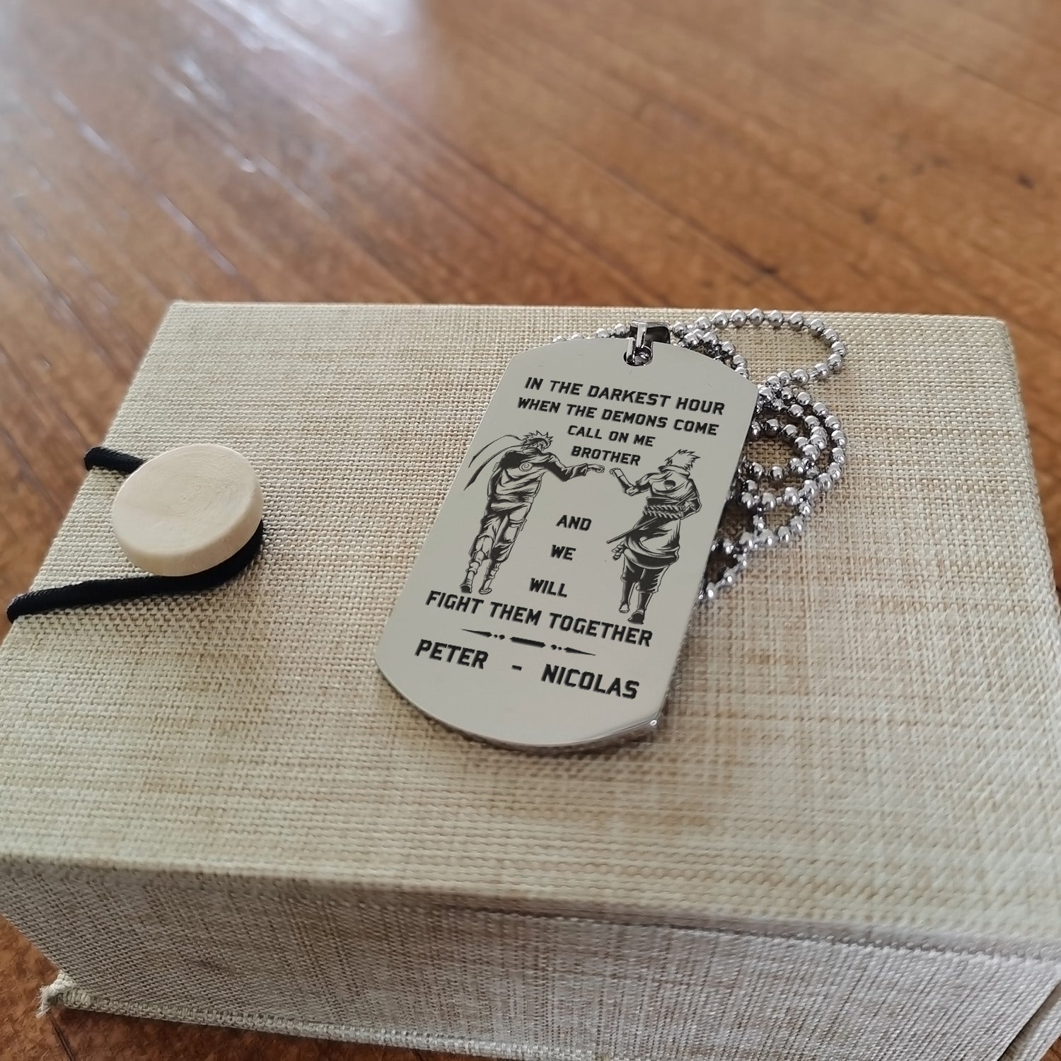 Spartan Customizable engraved brother dog tag gift from brother, In the darkest hour, When the demons come call on me brother and we will fight them together