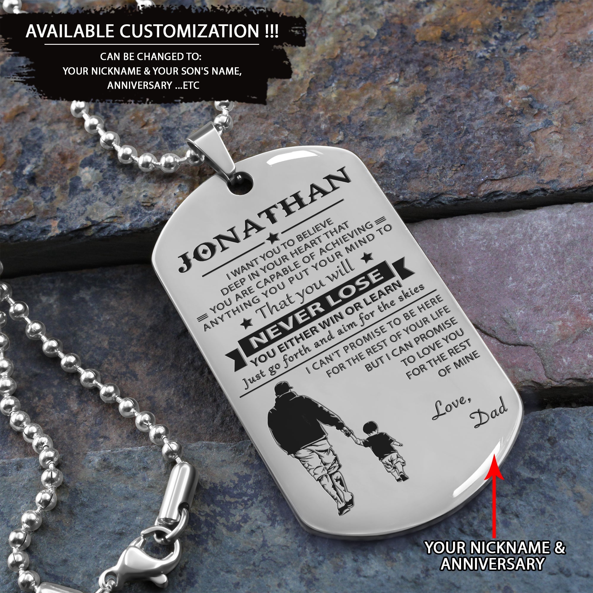 Customizable engraved black dog tag dad to son never lose