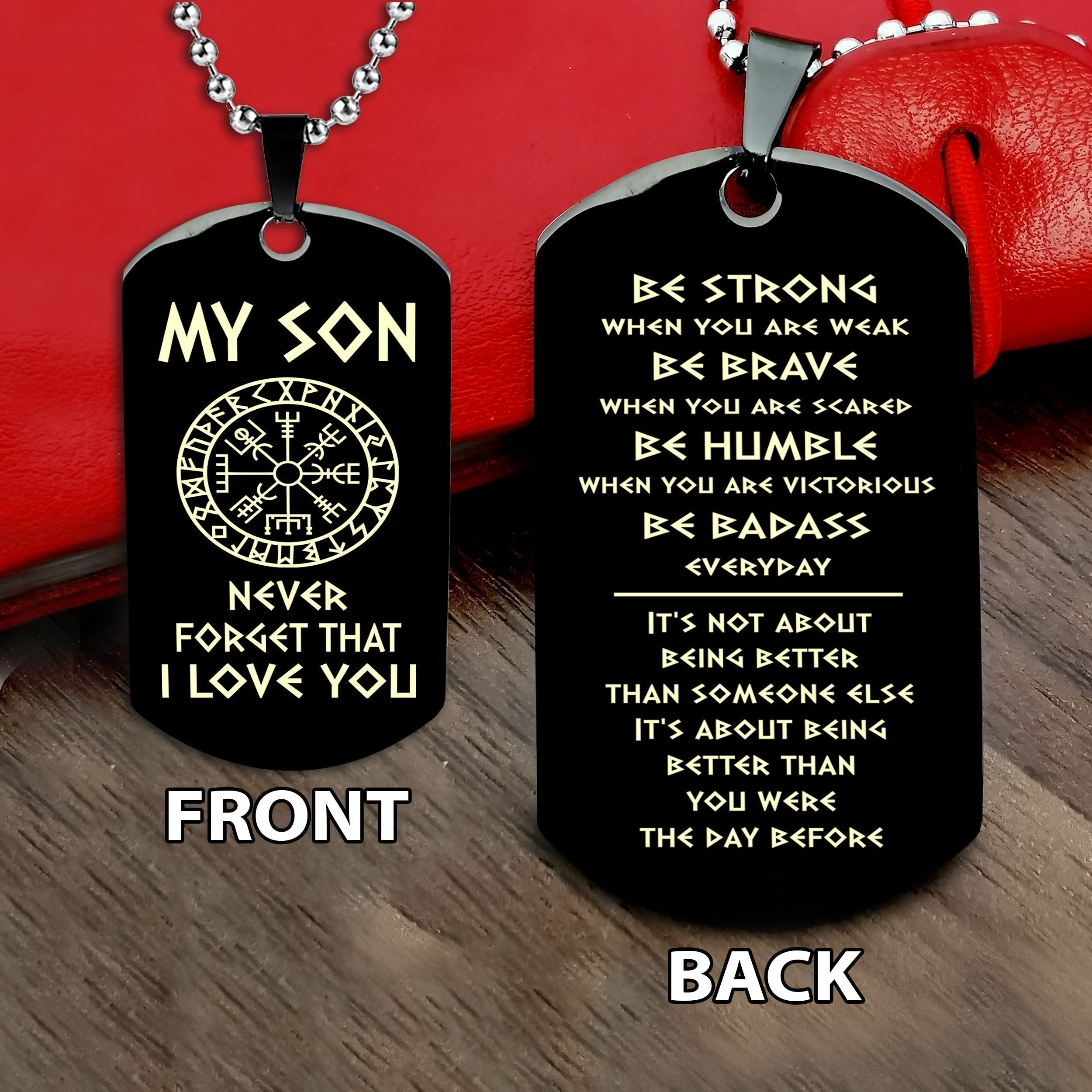 Viking engraved double sided dog tag bracelet dad to son, Be strong be brave