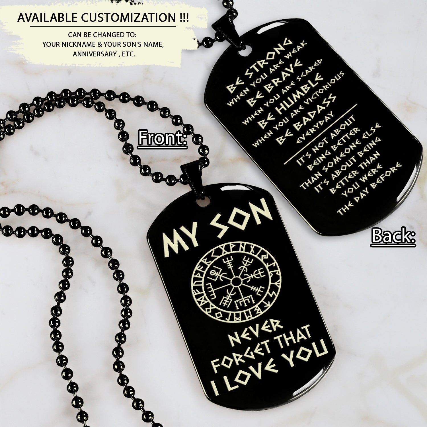 Viking engraved double sided dog tag dad to son be strong when you are weak