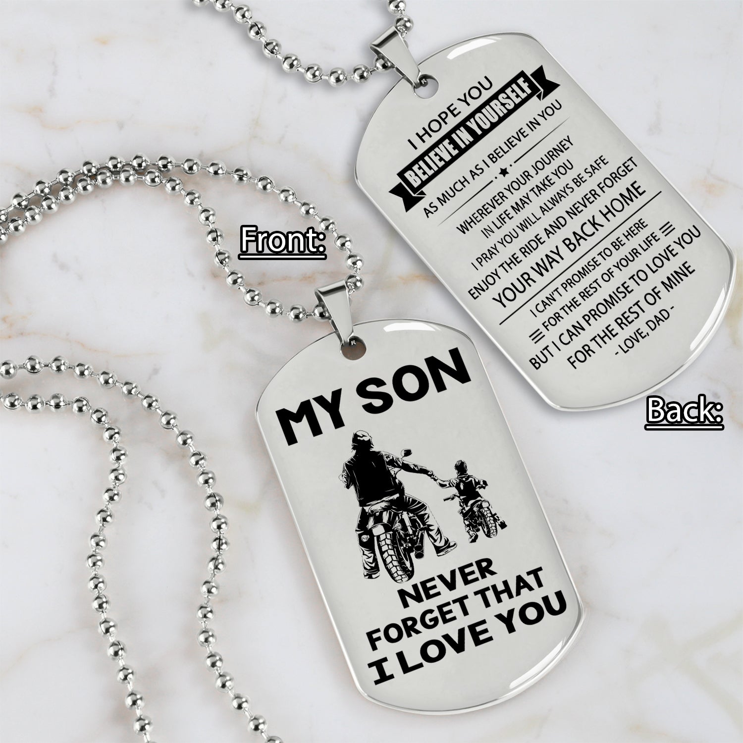 Biker engraved double sided dog tag dad to son the way back home