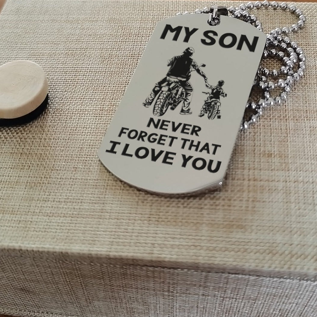 Biker engraved double sided dog tag dad to son the way back home