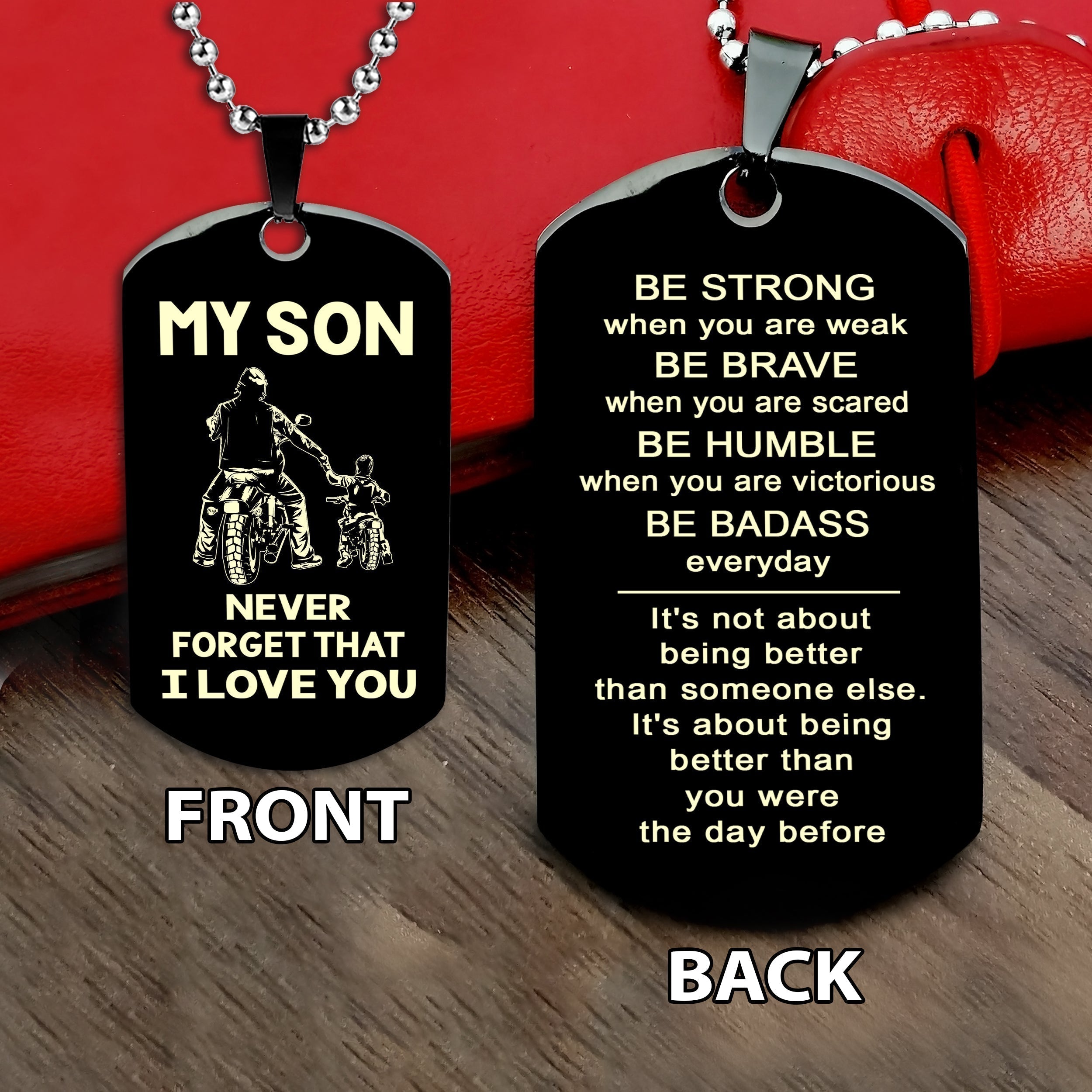 Biker engraved double sided dog tag bracelet from dad to son, I hope you believe in yourself