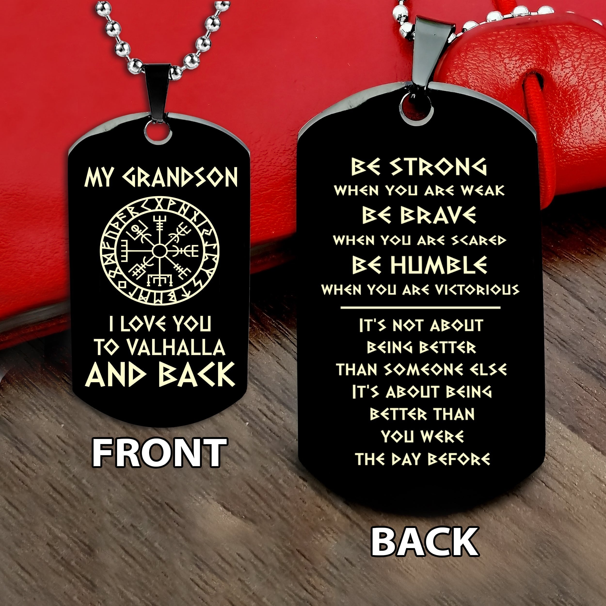 Vikings engraved double sided dog tag bracelet grandpa to grandson Be strong be brave be humble