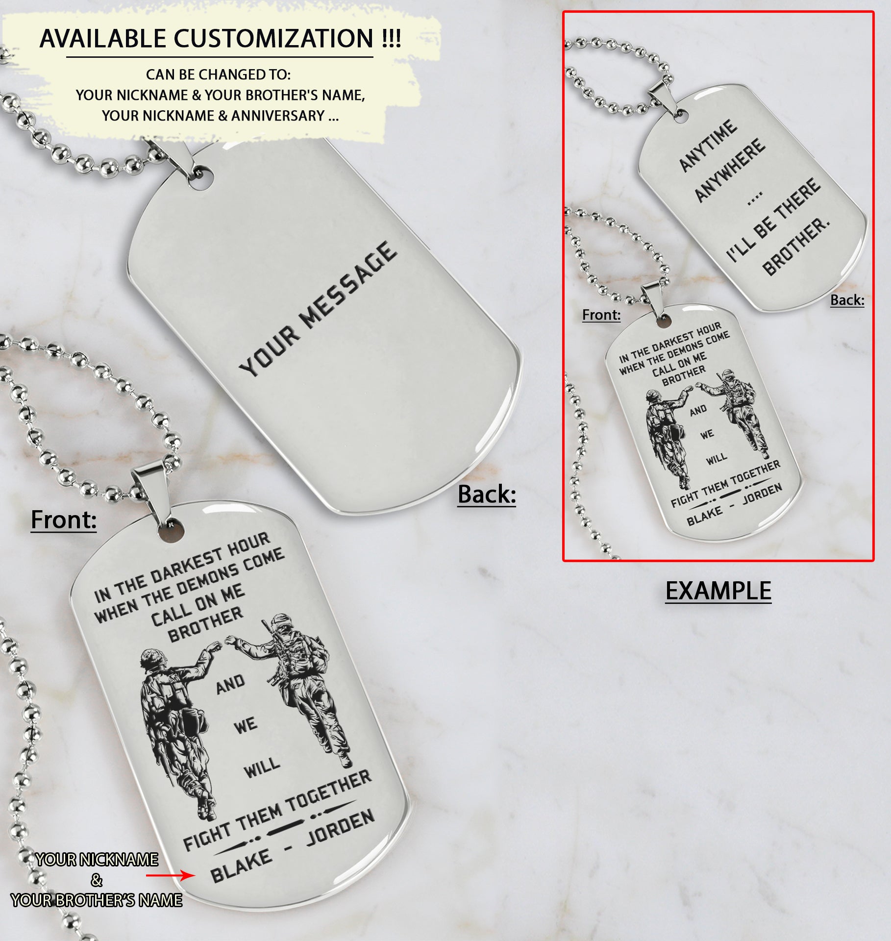 Customizable engraved dog tag double sided with your message on the back, gift from brother, In the darkest hour, When the demons come call on me brother and we will fight them together, brother forever