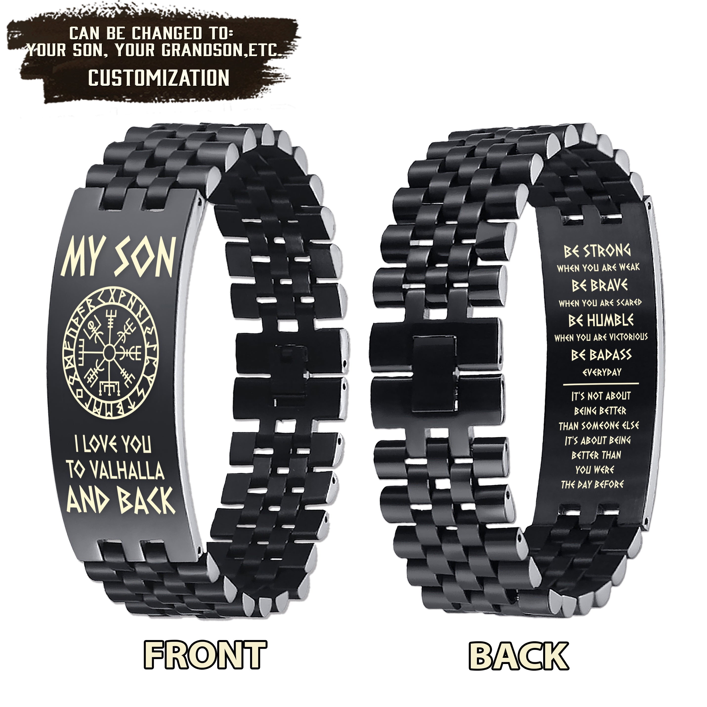 Viking engraved double sided dog tag bracelet dad to son, Be strong be brave