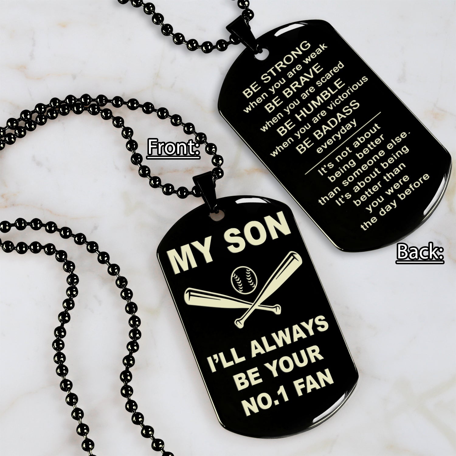 Baseball customizable engraved double sided dog tag gifts from dad mom to son, Be strong be brave be humble, It is not about better than someone else, It is about being better than you were the day before