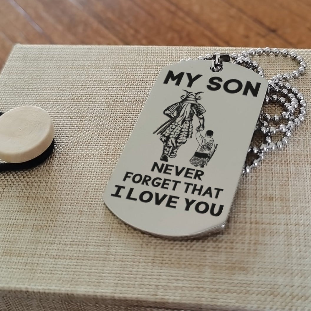 Samurai engraved double sided dog tag dad to son be the nice kid