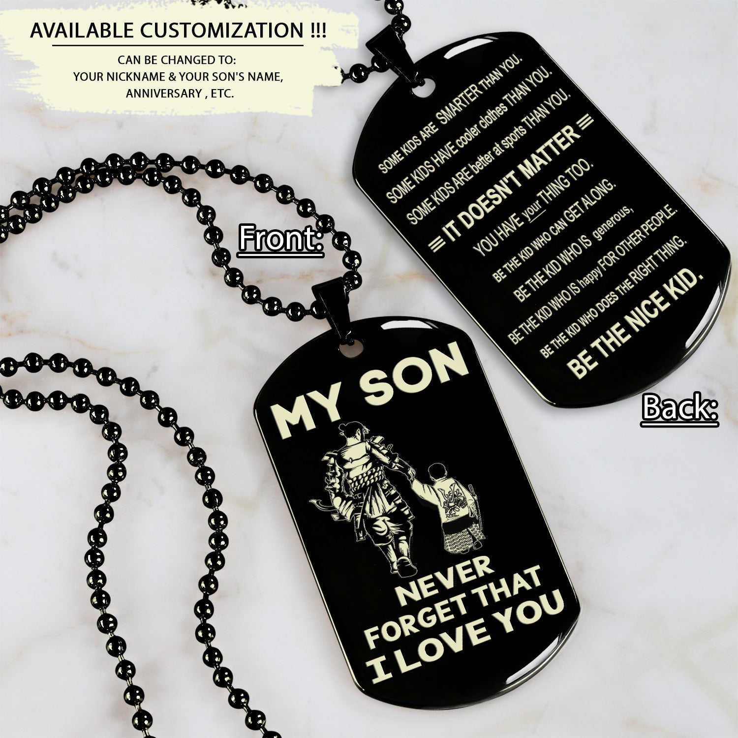 Samurai engraved double sided dog tag dad to son be strong when you are weak