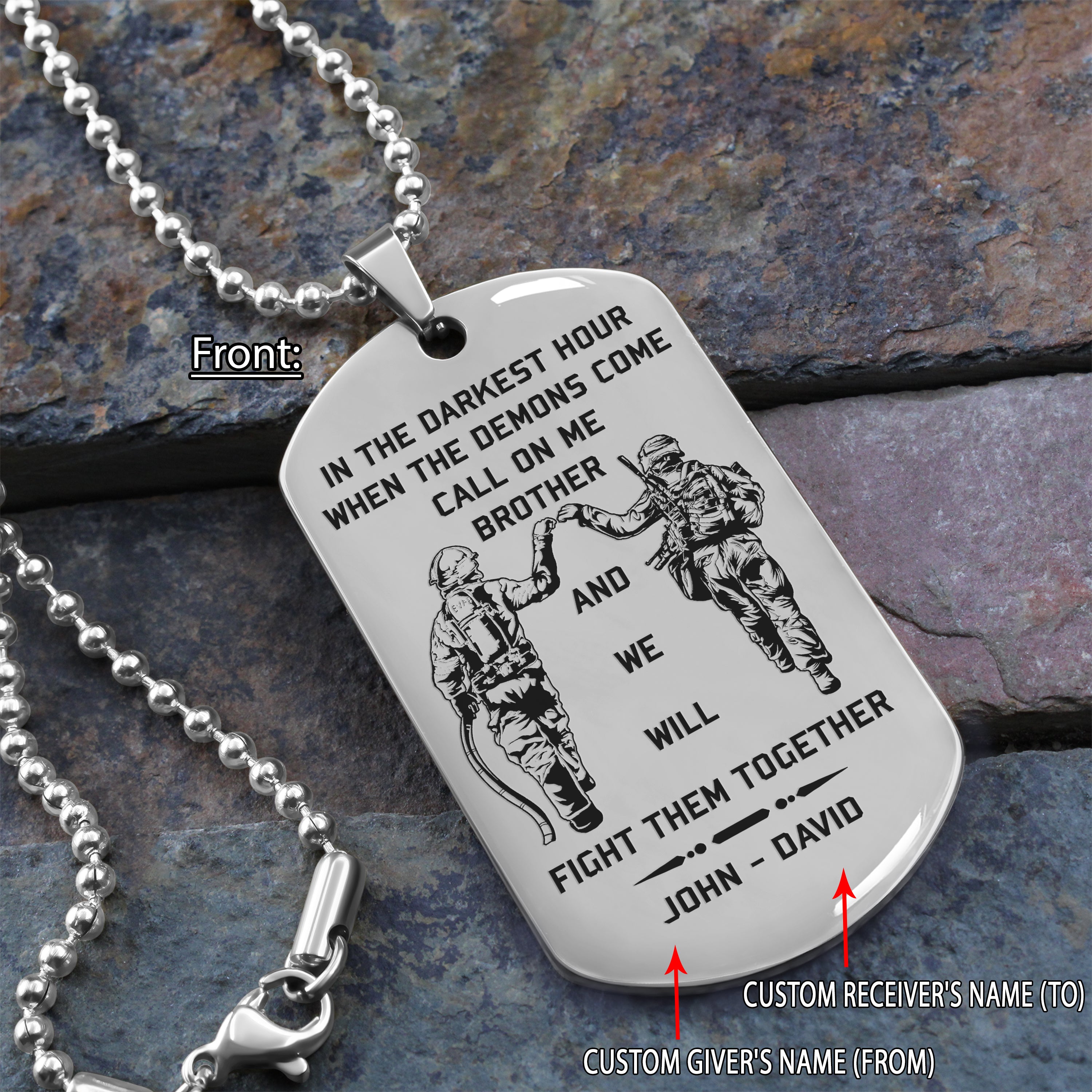 Firefighter and soldier one sided engraved dog tag call on me brother