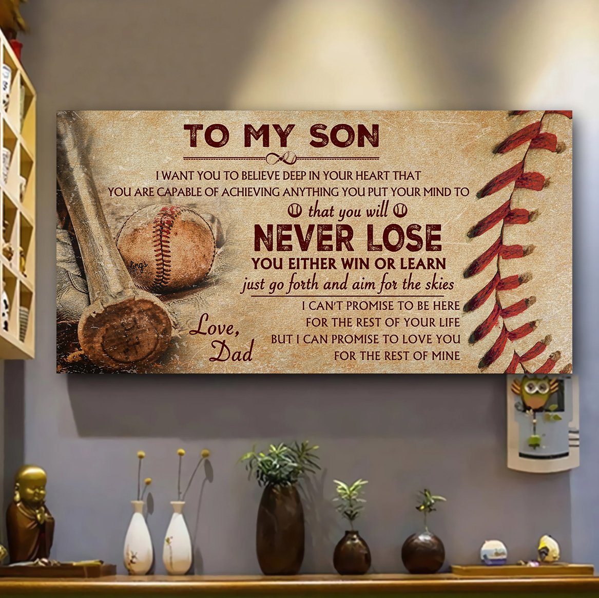 Customizable Baseball poster canvas - gifts from dad to son - Never lose you either win or  learn