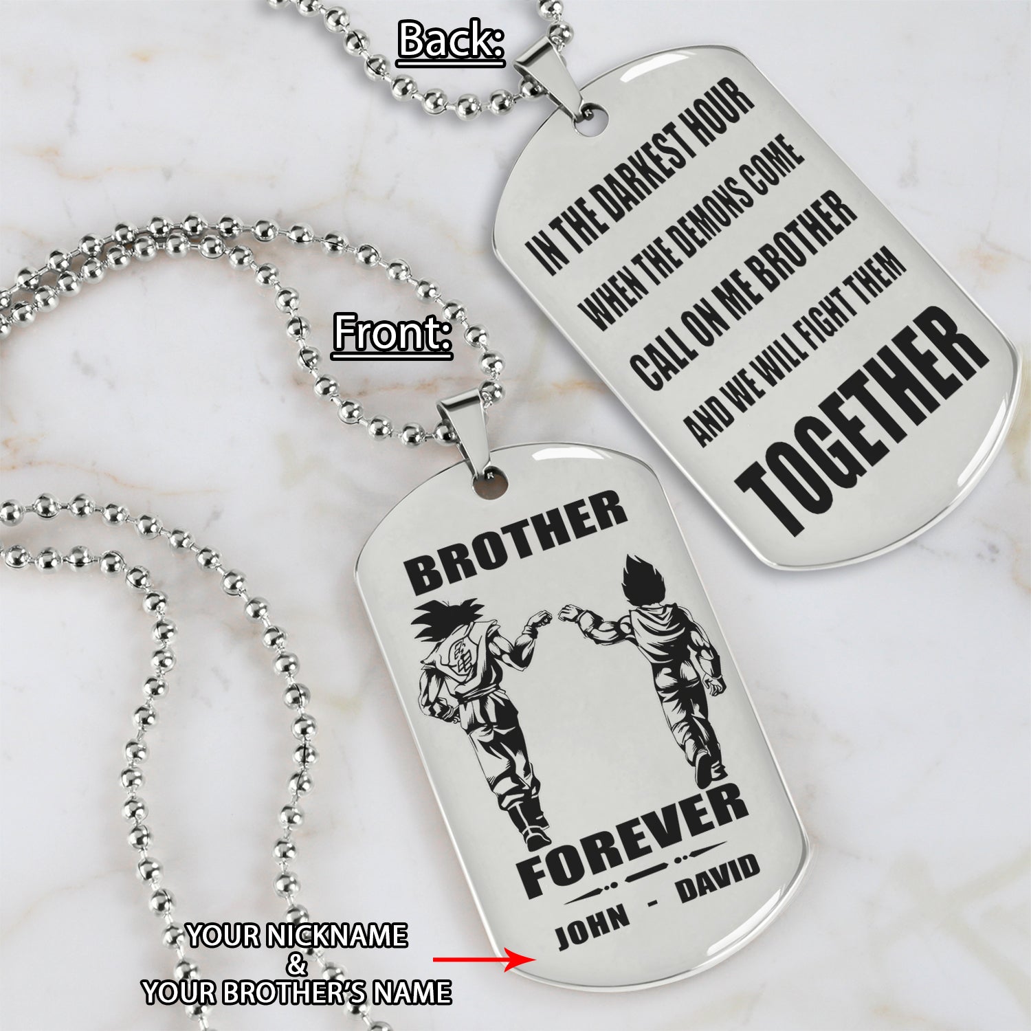 Customizable engraved silver dog tag double sided gift from brother, In the darkest hour, When the demons come call on me brother and we will fight them together, brother forever