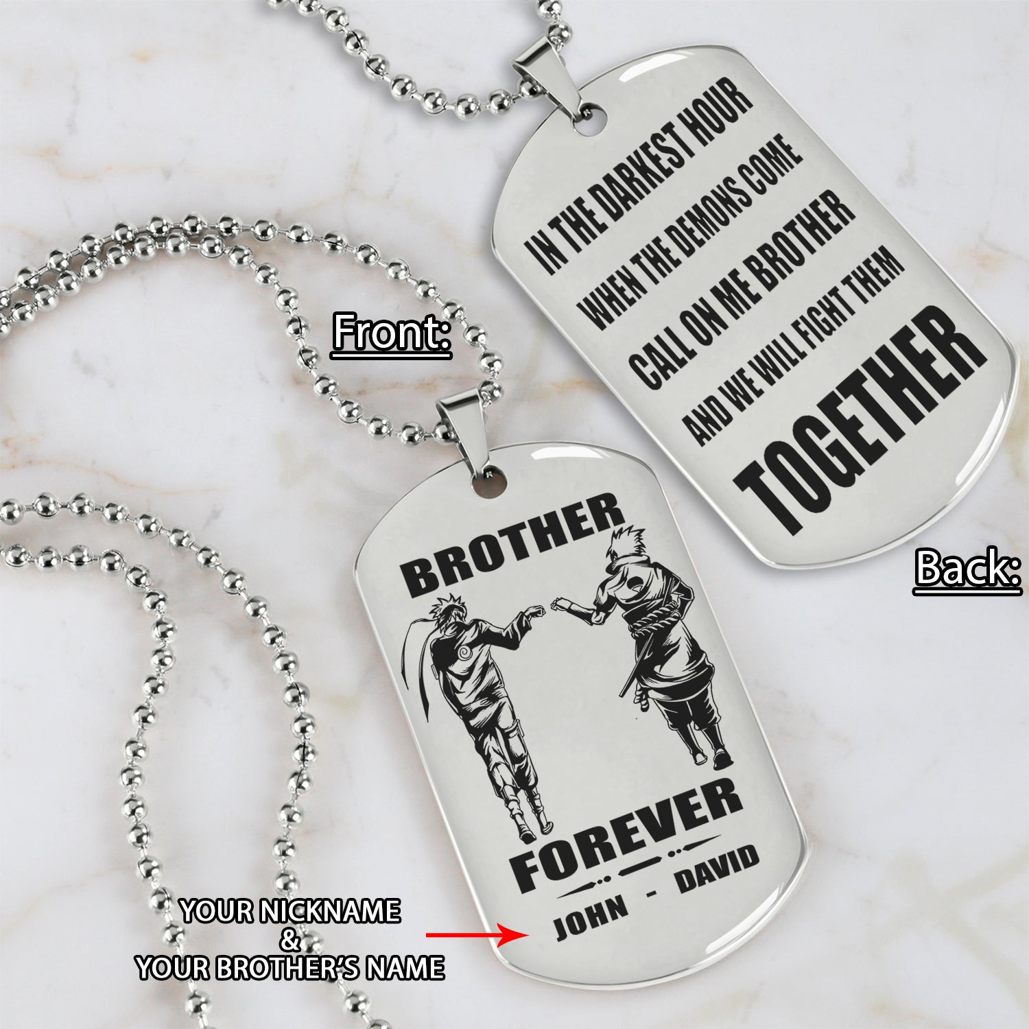 Spartan Call on me brother engraved white dog tag double sided. gift for brothers
