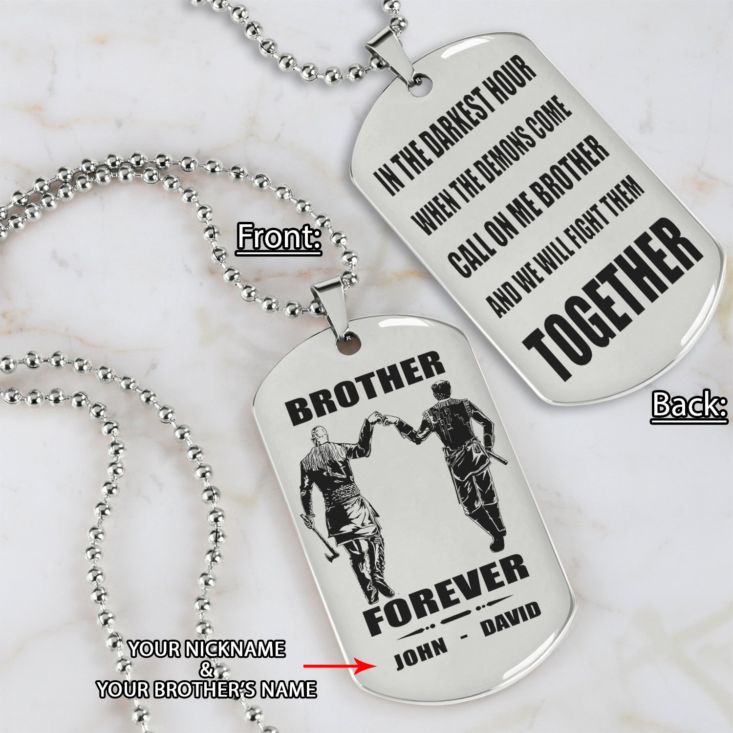 Samurai Call on me brother engraved white dog tag double sided. gift for brothers