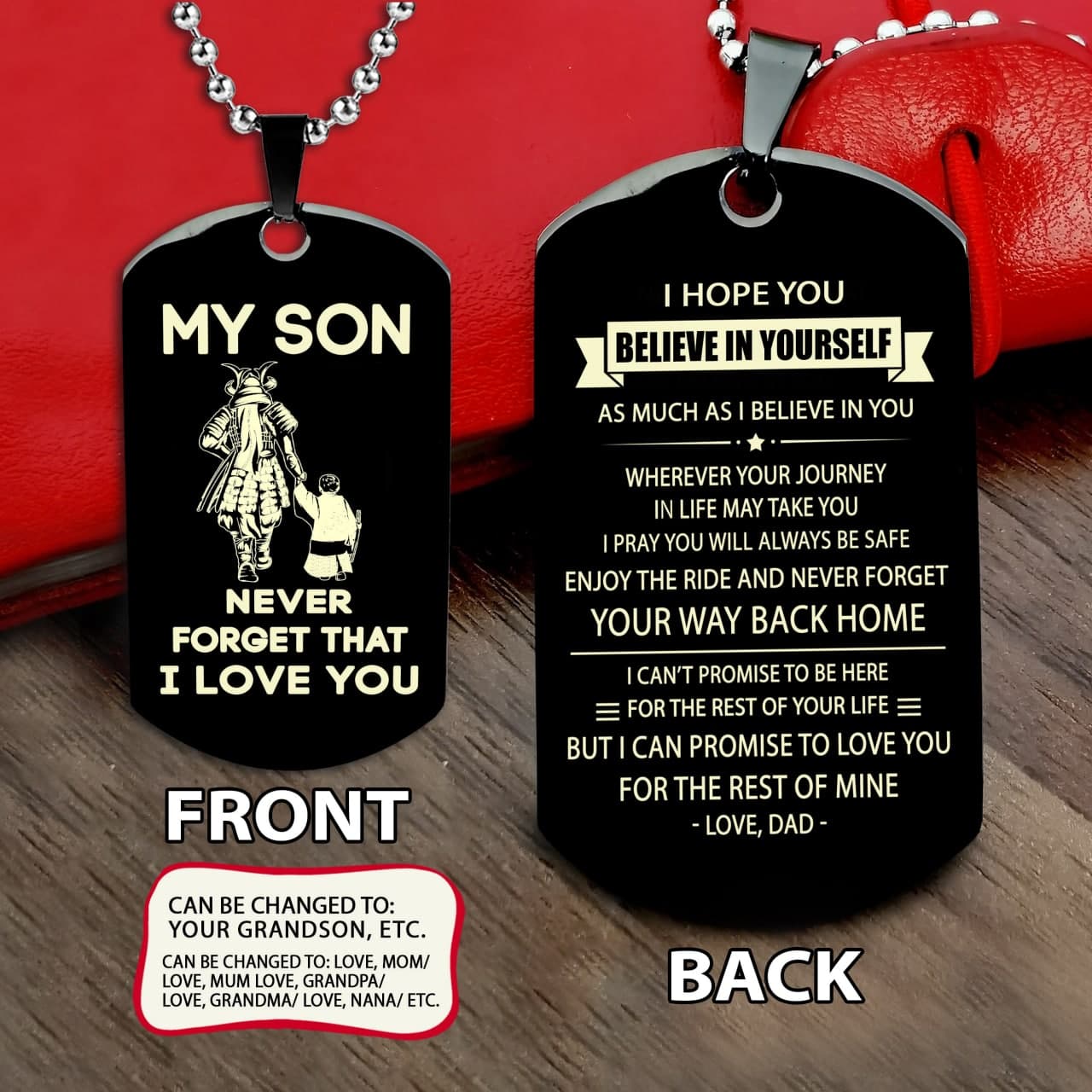 Samurai engraved dog tag dad mom to son, Be strong be brave be humble, It is not about better than someone else, It is about being better than you were the day before