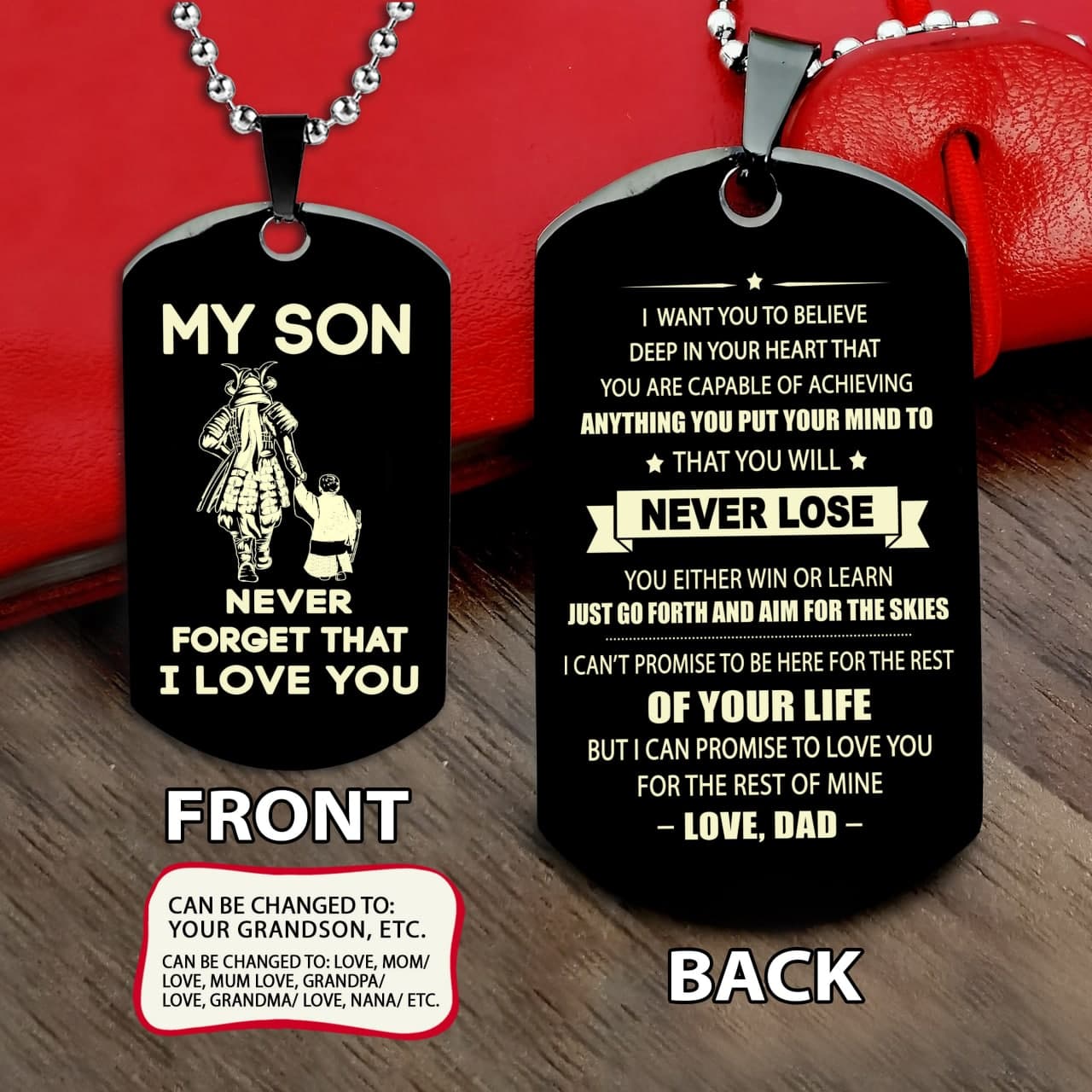 Samurai customizable engraved double sided dog tag, gifts from dad mom to son- Be strong be brave be humble, It is not about better than someone else, It is about being better than you were the day before
